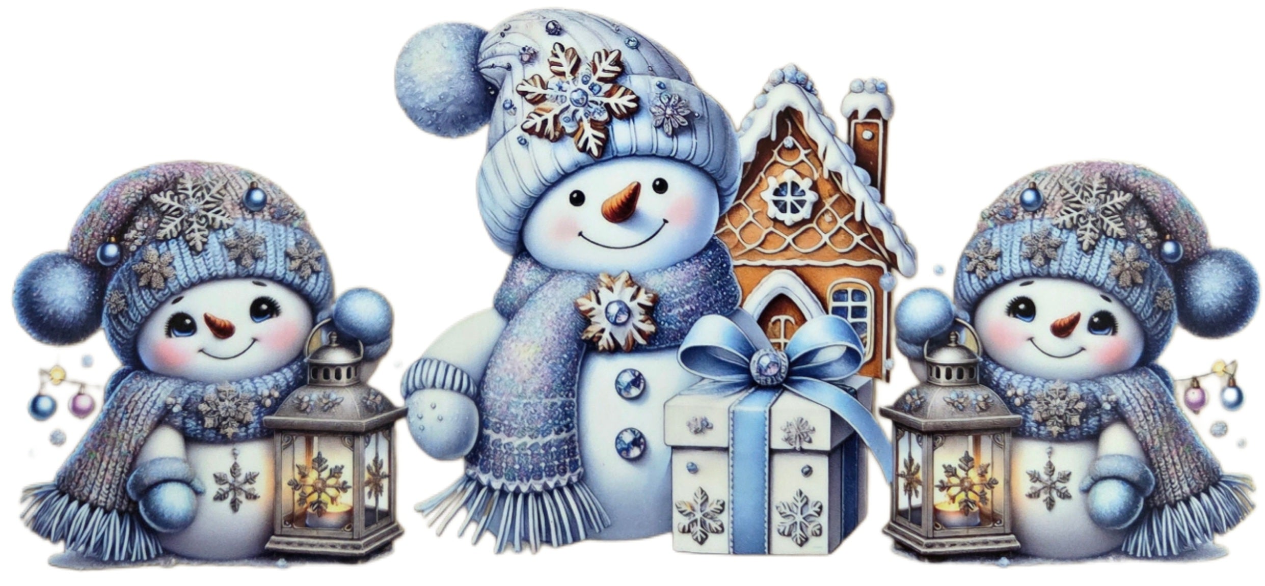 Three Blue Snowmen with a Gingerbread House