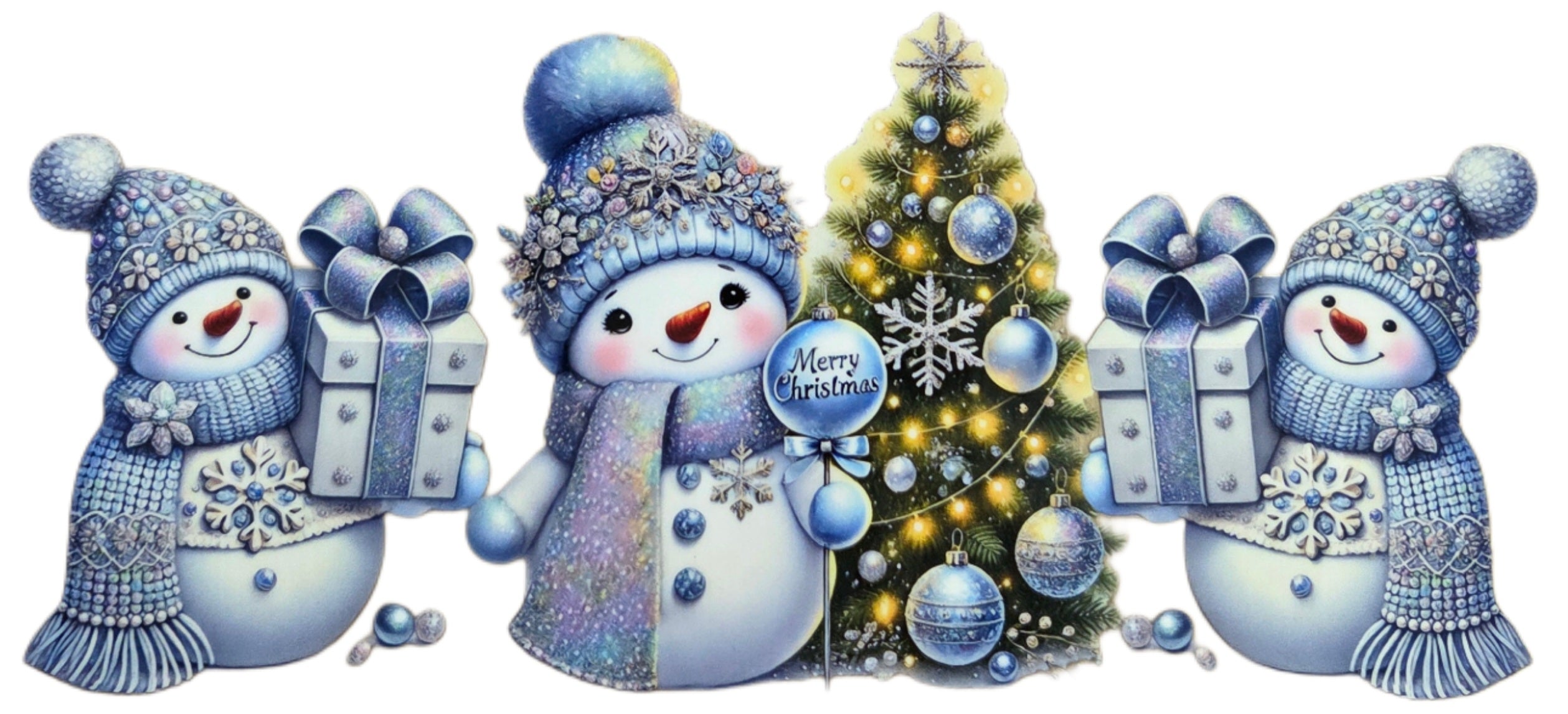Three Blue Snowmen with a Christmas Tree