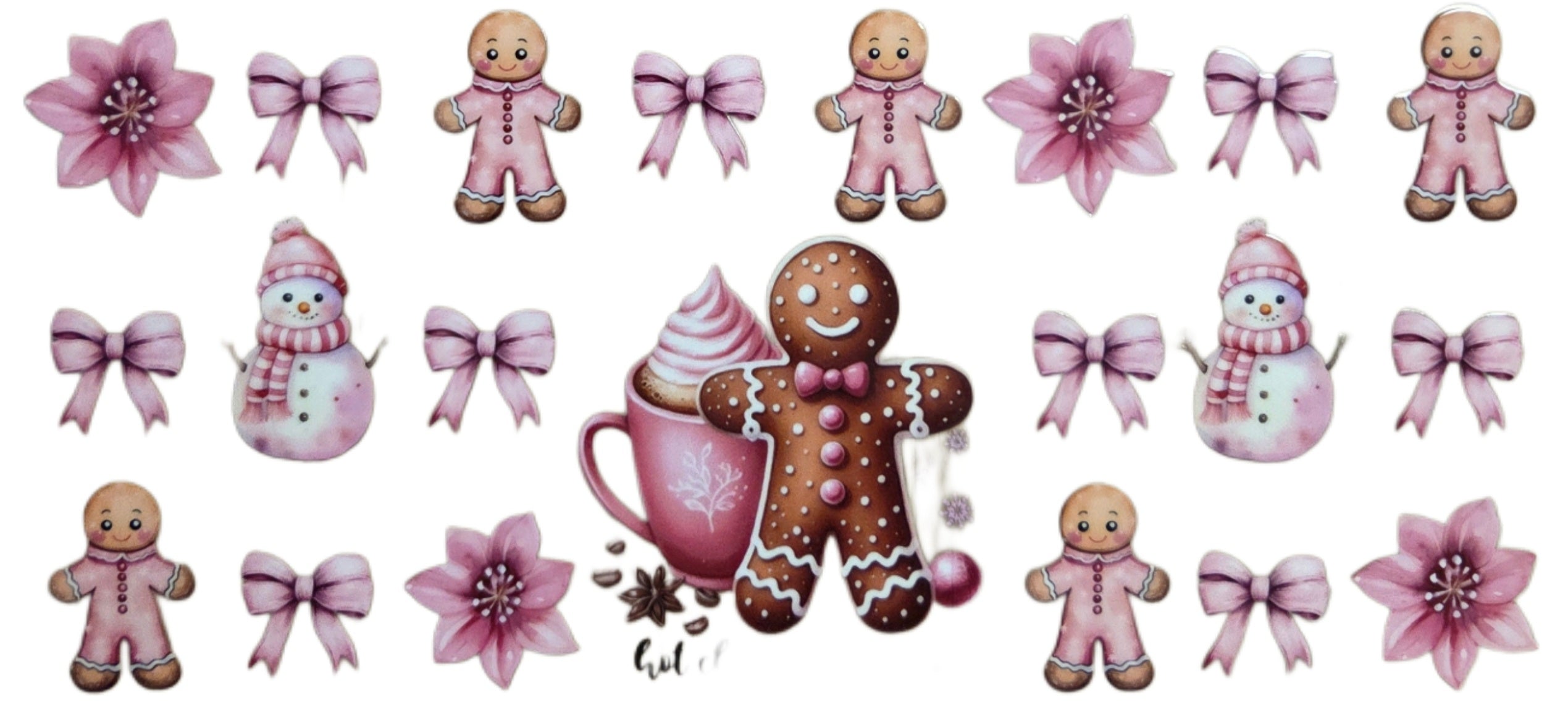 Gingerbread Man with Pink Bows & Snowman