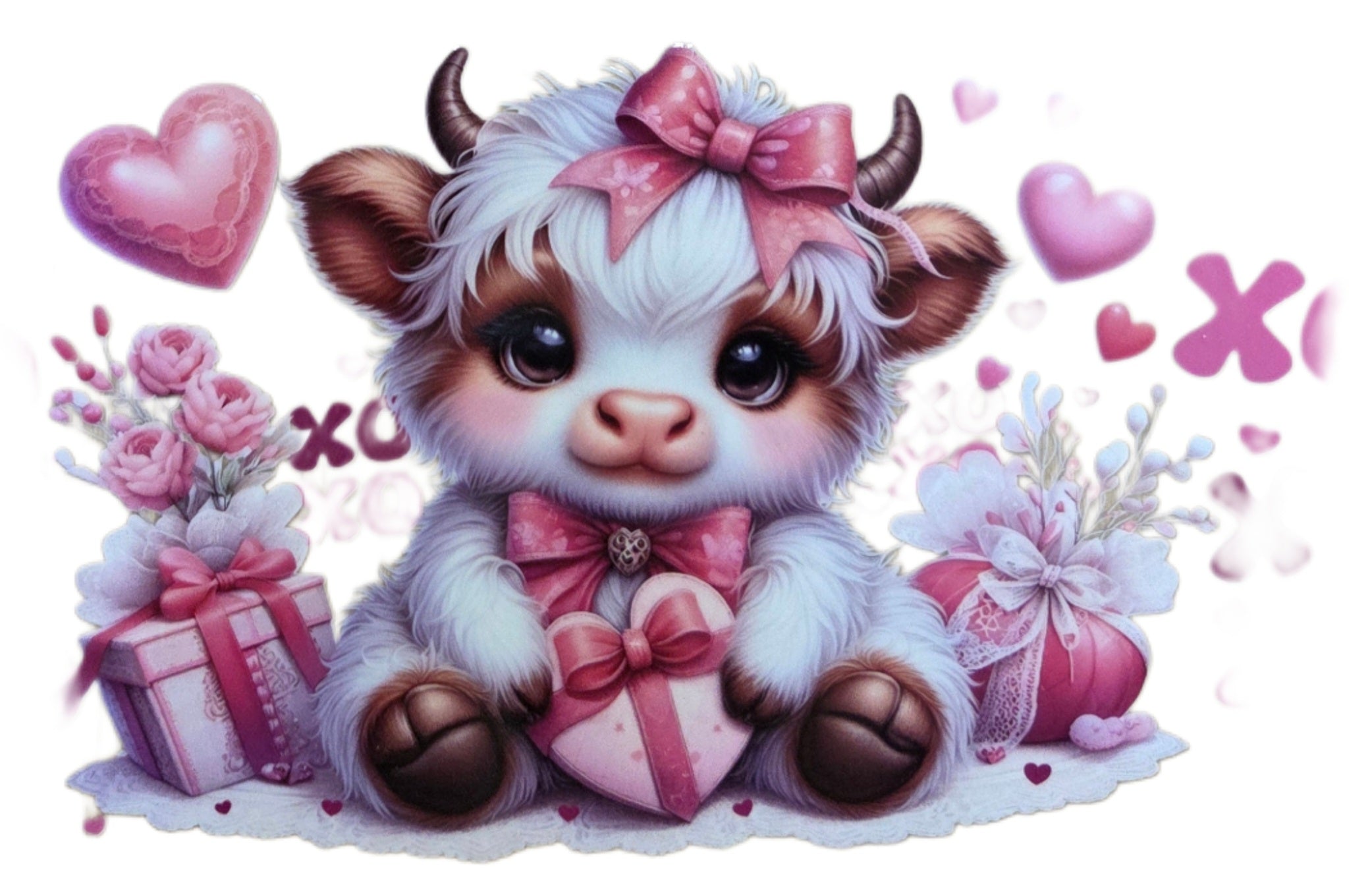 White Highland Cow with Pink Hearts