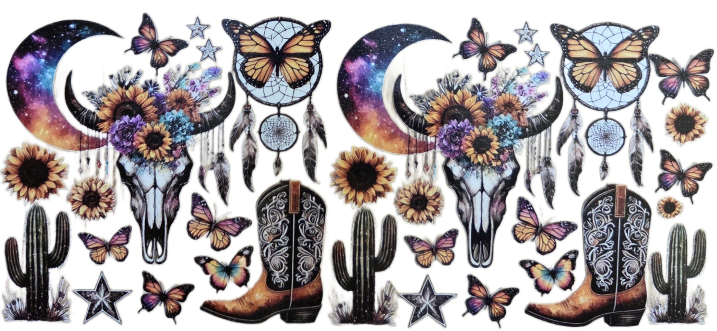Western Cowboy Boots, Moon & Flowers